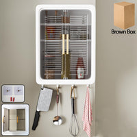 Large wall-mounted kitchen cabinet with transparent sliding doors and hooks
