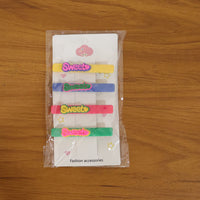 Model wearing Sweet Text colorful hair clips for casual styling