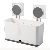 Storage bin set for toothbrush organization in bathroom with adhesive mount