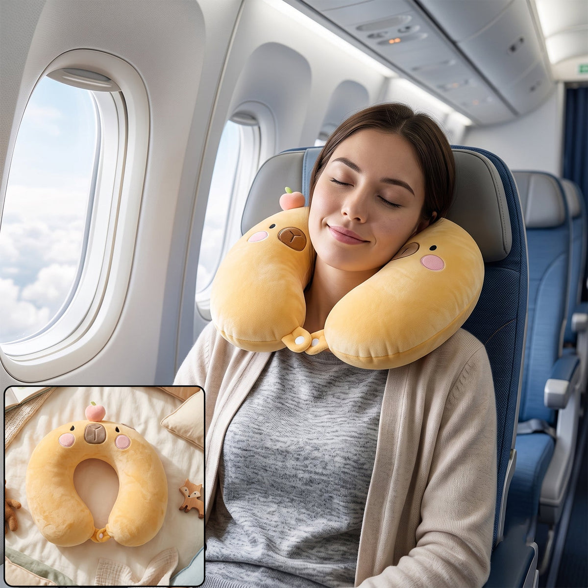 U shaped travel neck pillow, cute capybara soft plush pillow for kids (1 pc)