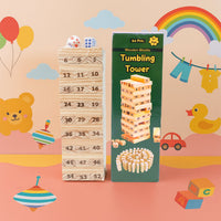 Stacked wooden blocks ready for play in Tumbling Tower game