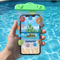 Collection of transparent and green waterproof mobile pouches with locks, highlighting color options.
