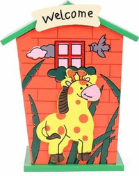 Top view of the cartoon house wooden piggy bank, highlighting its compact size.
