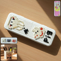 Decorative pixel art desk pen holder showing vibrant colors on office desk