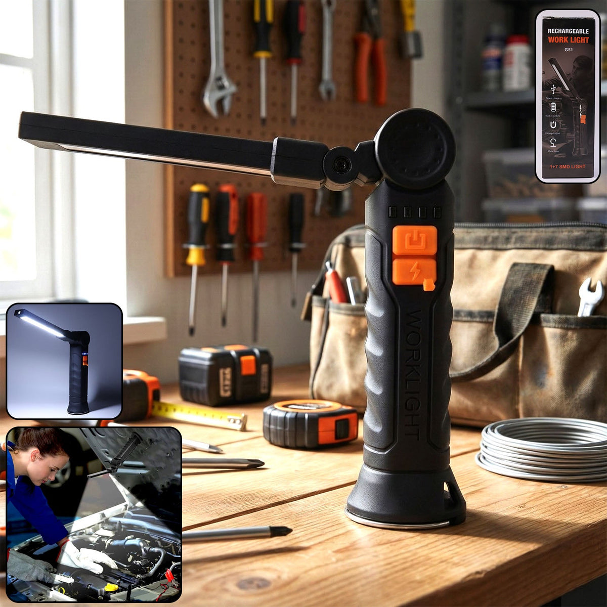 Focused beam from adjustable arm LED work light illuminating workspace