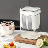 Close-up of fine mesh strainer basket inside yogurt maker for whey separation.