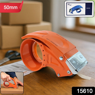 Ergonomic heavy-duty tape dispenser with sharp steel cutter.