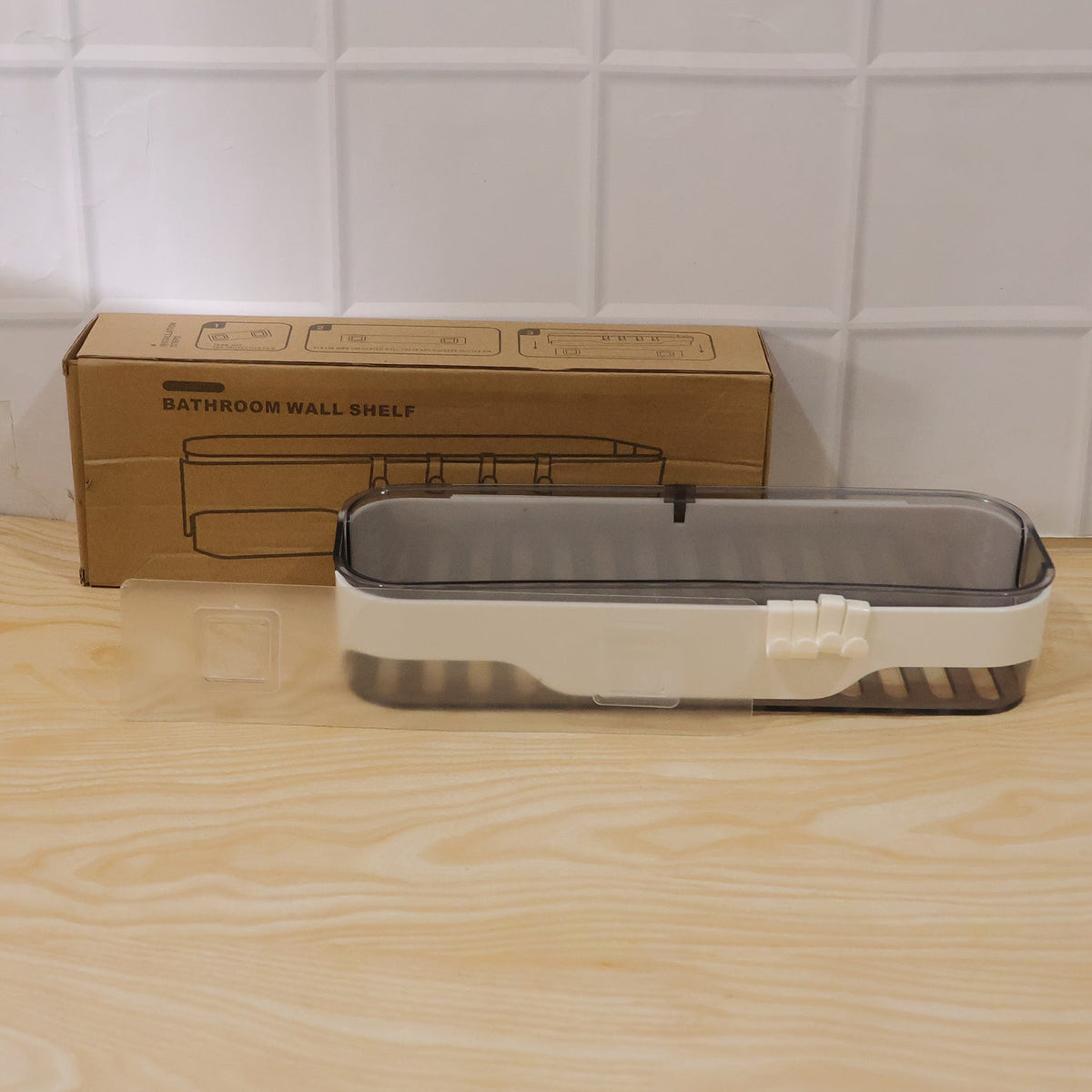 Installation perspective of transparent bathroom wall shelf