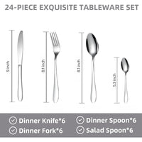 Size comparison chart for 24 Pc stainless steel polished cutlery set