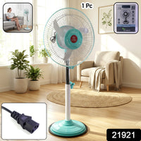 12V DC hybrid pedestal fan showing adjustable height feature