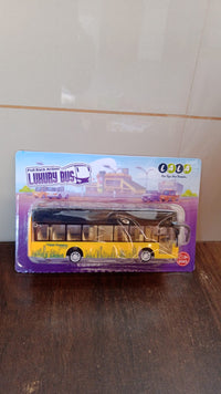 Rear view of die-cast London double decker sightseeing bus toy showing pull-back wheels