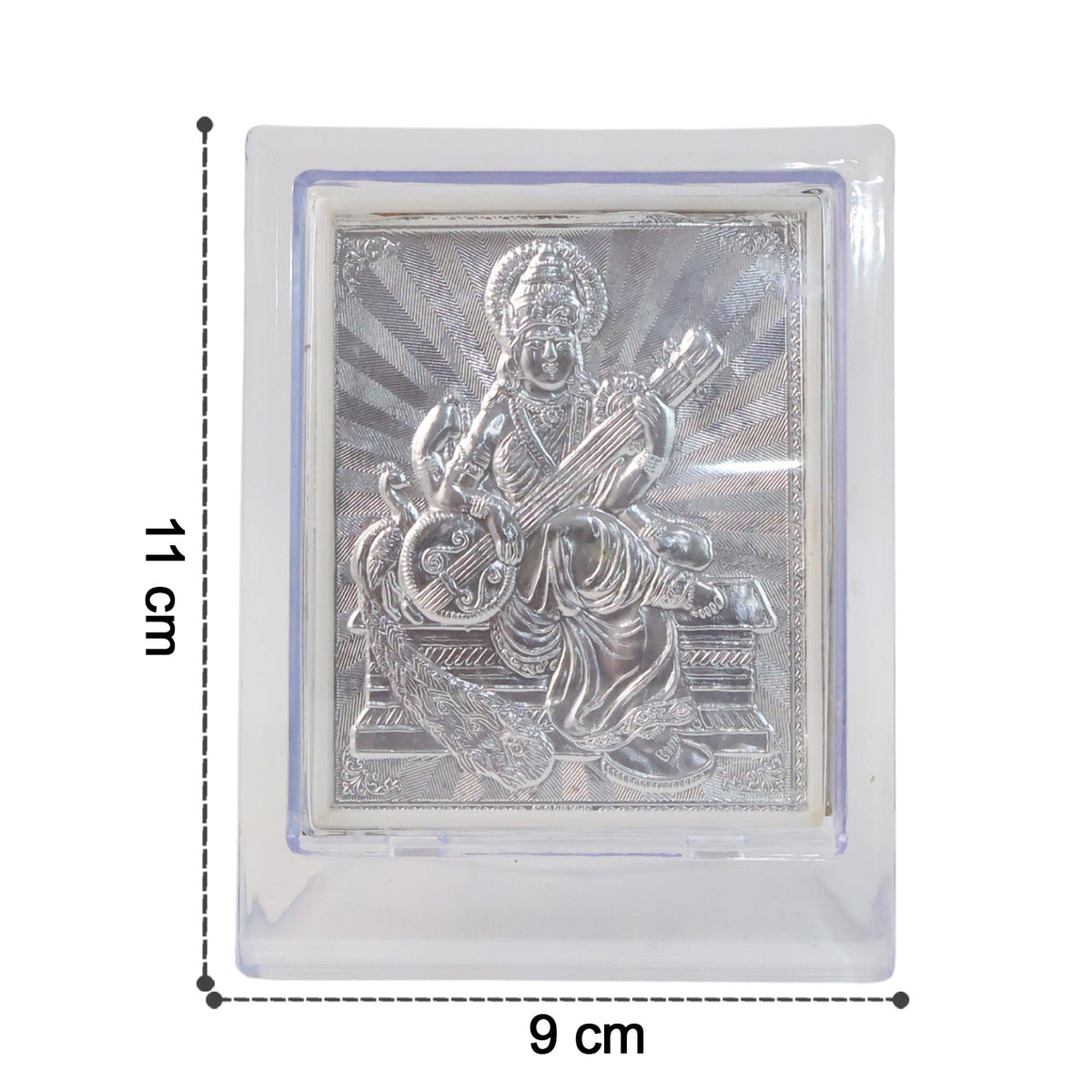 Silver Saraswati Maa photo frame displayed on a flat surface with clear acrylic cover