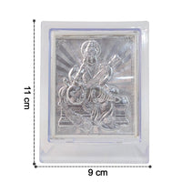 Silver Saraswati Maa photo frame displayed on a flat surface with clear acrylic cover