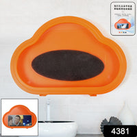 Hand interacting with a smartphone inside the orange waterproof mobile stand, demonstrating touch functionality.