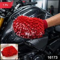 A red microfiber chenille wash glove with suds on a black motorcycle tank, with a smaller inset image of the glove. (1 Pc)
