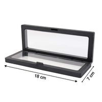 Side view of transparent floating jewelry display box 18x7 cm featuring black ABS frame