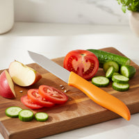Close-up shot of sharp blade on stainless steel paring knife