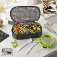 Stainless steel lunch box set with two round containers, insulated carry bag, and cutlery for daily use