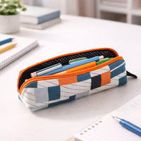 Front view of designer fabric zipper pencil pouch with stylish print