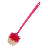 Multicolor plastic toilet cleaner brush with a long handle.