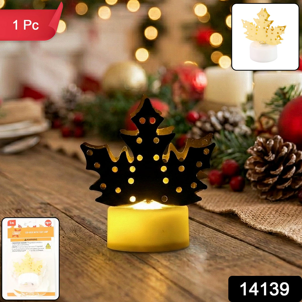 Close-up of decorative LED gold metal leaf diya lamp with warm flickering light