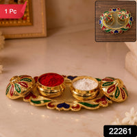 Golden enamel kankavati holder for kumkum, haldi and roli