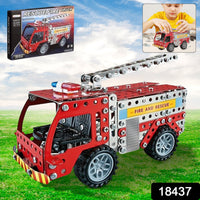 Detailed view of metal parts and tools for the DIY Fire Truck Building Blocks kit.