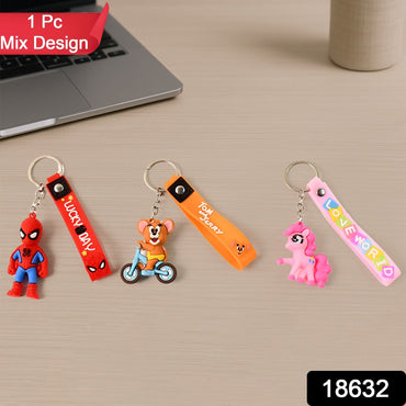 Close-up of a cute 3D cartoon silicone keychain with a metal hook and strap.