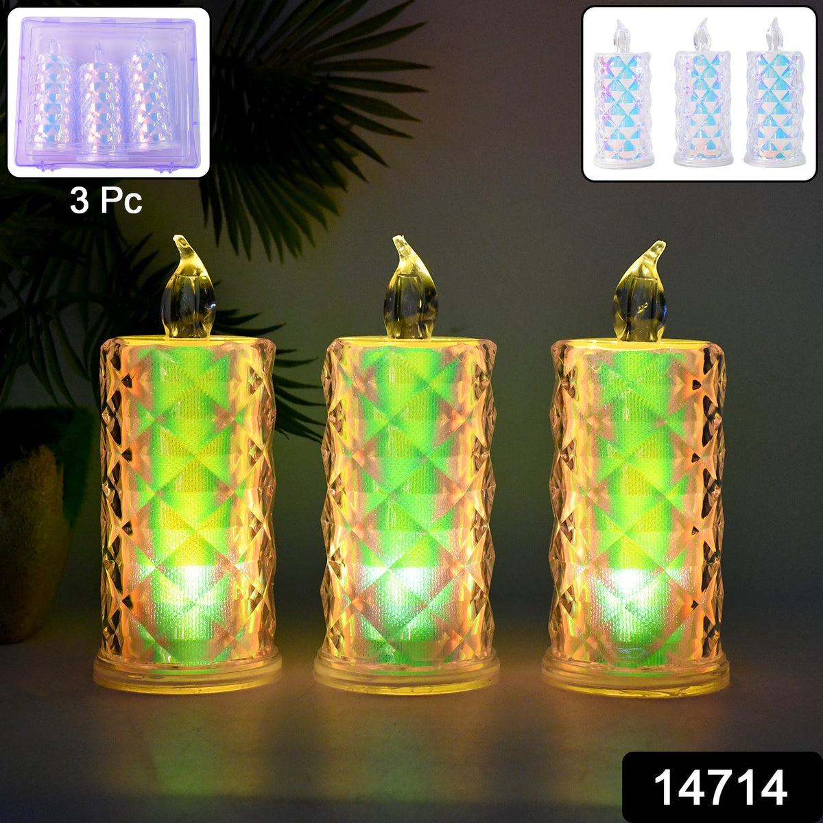 Battery-operated LED flameless candle lights with glowing multicolor flames