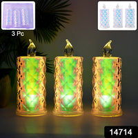 Battery-operated LED flameless candle lights with glowing multicolor flames