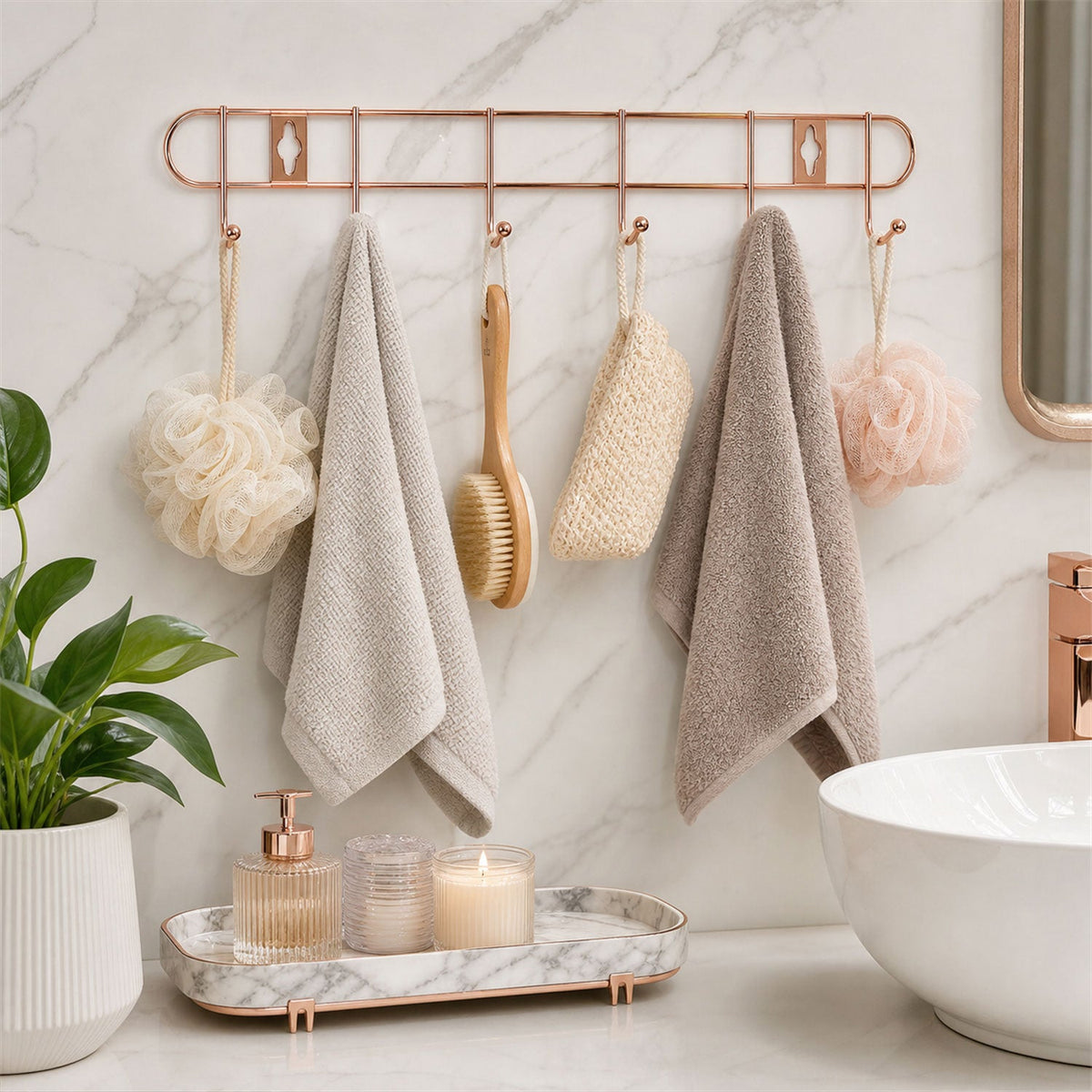 Elegant rose gold wall mounted 6 hook rack for home